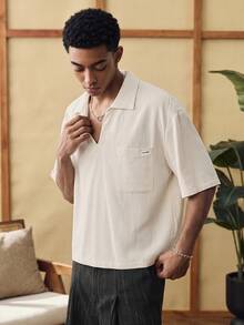 SWAVVY Camisa polo casual de hombre de unicolor con cuello y bolsillo, para verano - Albaricoque - Ver 3