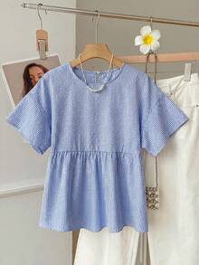 SHEIN EZwear 大码女式条纹宽松圆领短袖衬衫 - 藍白色 - 查看 11