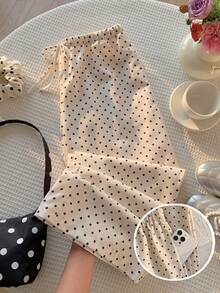 Comfortcana Plus Size Women Loose Apricot Polka Dot Knitted Drawstring Wide Leg Pants - Apricot - View 1