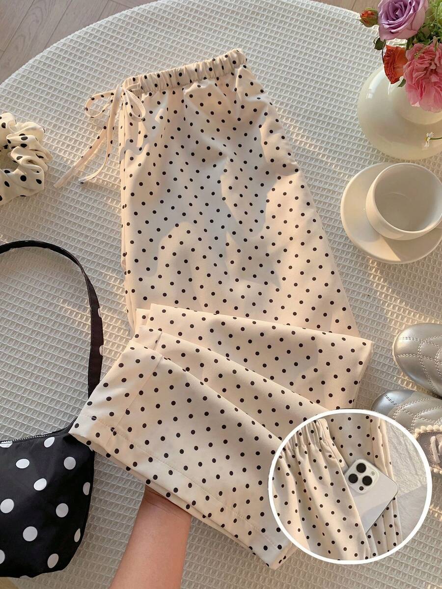 Comfortcana Plus Size Women Loose Apricot Polka Dot Knitted Drawstring Wide Leg Pants - Apricot - View 1