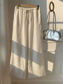 Comfortcana Plus Size Women Loose Apricot Polka Dot Knitted Drawstring Wide Leg Pants - Apricot - View 2