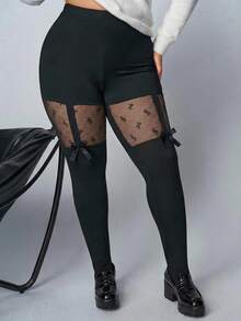 SHEIN PETITE CURVE CURVE Plus Size Women's Petite Black Sheer Mesh Contrast Bow Decor Leggings,High-Waisted Summer Goth Rave Pants For Holiday Vacation - Black - View 5