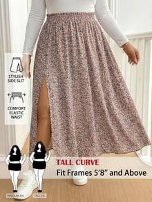SHEIN Tall CURVE CURVE New Plus Size Women's Tall Girls Dusty Pink Summer Boho Everyday Holiday Ditsy Floral Side Slit Skirt,High-Waisted Vacation Skirts Vacation - Multicolor - View 3