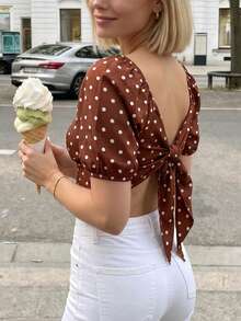 SHEIN PariChic Polka Dot Backless Bow TiIns Blogger Favorite Summer French Vintage Polka Dot Backless Crop Top, Puff Sleeve Back Tie Knot Bow Puff Sleeve Blouse, Y2K Sexy Vacation Versatile Casual Shirt
E Ruched Crop Top Vacation Outfits Women Blouses For Women Puffed Sleeve Top Cropped Top Open Back Top Back Tie Top Polka Dot Top - Brown - View 1