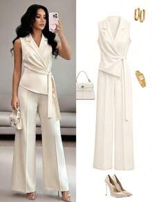 SHEIN Raffinéa Bộ jumpsuit nữ màu trắng ngà không tay, thắt eo, ống rộng, thích hợp cho việc đi làm hàng ngày, kiểu dáng thanh lịch, phù hợp với nhiều phong cách thời trang và chất liệu thoải mái. - Màu be - Xem 3