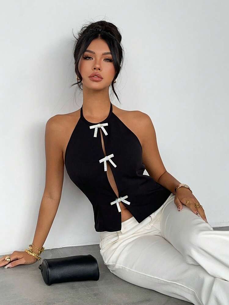 Rhinestone Bow Tie Cropped Fitted Halter Backless Elegant Sexy Summer Tank Top Vest For Women