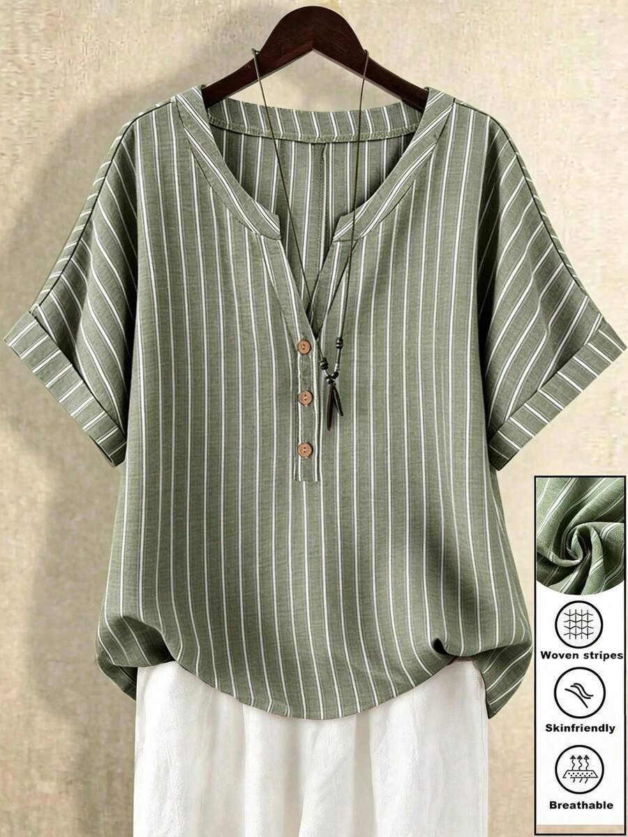 Linhara Blusa holgada de mujer de talla grande con cuello vuelto, estampado de rayas verdes, silueta en H, nueva llegada de primavera/verano, blusa casual de negocios, blusas casuales modernas para mujer, últimas llegadas, los mejores vendedores - Verde - Ver 1