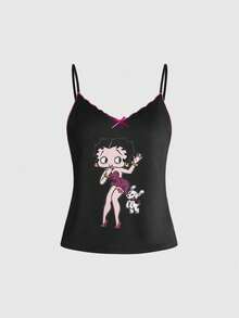 Betty Boop | ROMWE IP Collaboration Shibuya Gyaru Graphic Camisole & Shorts Casual Pajama Set - Black - View 5