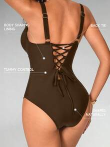 Shapewave Women's Solid Color One-Piece Swimsuit, Suitable For Beach Vacation, Pool Party, Beach Party - Coffee Brown - View 2