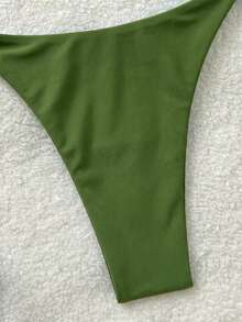 Soleia 女士简约纯色露背系带挂脖比基尼套装，适合海滩和度假 - 墨綠色 - 查看 7