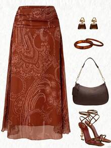 SHEIN Elenzya Chân váy chữ A in họa tiết retro màu hạt điều dành cho nữ, duyên dáng cho kỳ nghỉ, mặc hàng ngày, đi làm thanh lịch, hẹn hò thời trang, phong cách đường phố Pháp, đa năng retro, họa tiết hoa retro màu nâu, chân váy maxi dài mùa xuân/hè mới. - Gỗ đỏ - Xem 4