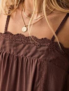 SHEIN Aralina-F 夏秋季沙滩度假风刺绣花边娃娃粉色迷你连衣裙 - 棕色 - 查看 5