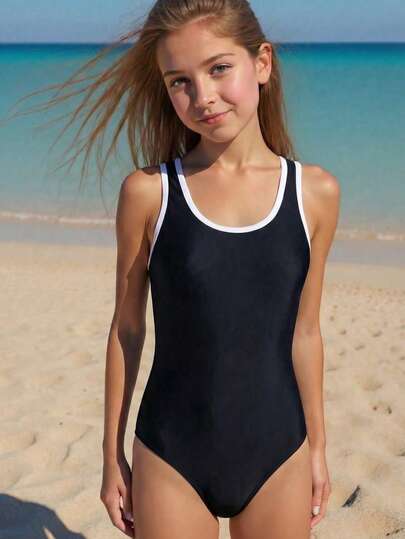 SHEIN 少女时尚休闲撞色吊带连体泳衣