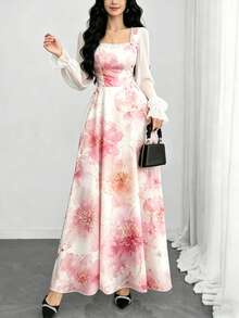 Modelyn Đầm dài tay cổ vuông in hoa thanh lịch dành cho nữ, thích hợp cho mùa xuân/hè. - Nhiều màu - Xem 3
