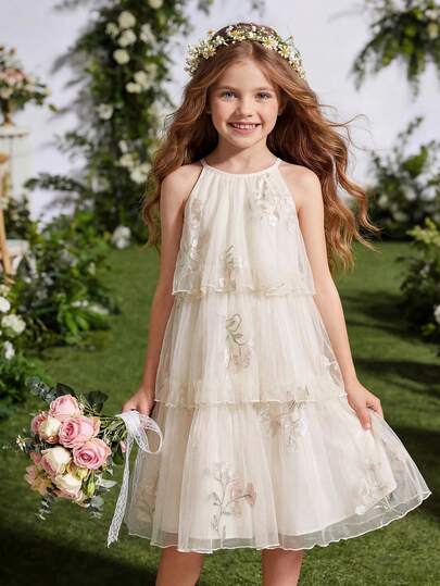 SHEIN Girls' Summer Dress, Girls' Spaghetti Strap Neck Dress, Cake Skirt, Light Peach Base With Floral Print And Embroidery, Delicate And Elegant For Party, Gathering, Banquet, Luxurious Princess, Outdoor Wedding, Flower Girl, Princess Dress Girls Dress Vacation Style Cream Dress For Girls Kids Ivory Dress Dress Tween Cream Girls Tulle Dress Embroidered Ivory Dress For Girls Girl Tiered Dress Cream Dresses For Kids Flower Girl Dress Embroidered Dress Party Dresses For Girls Cocktail Dress For Kids Flo