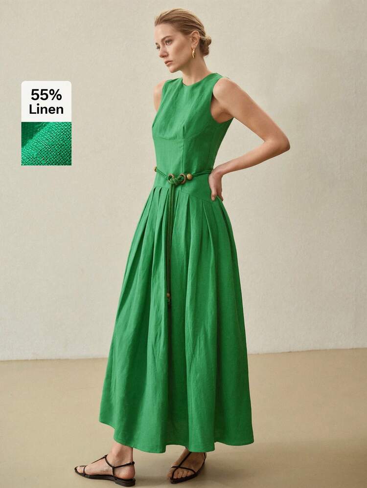 LINEN FOLD PLEATED BELTED DRESS