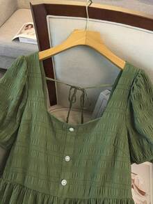 GlowEve CURVE 大码女装热销方领优雅清新纯色娃娃领泡泡袖连衣裙，露背系带设计，适合日常通勤和户外活动穿着 - 綠色 - 查看 3