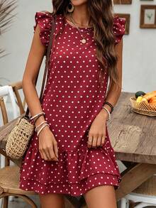 SHEIN LUNE Đầm ngắn nữ mùa hè màu đỏ chấm bi cổ tròn tay ngắn xếp nếp - Đỏ - Xem 6