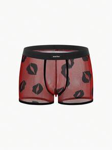 SHEIN DrisQ Men's Lip Print Mesh Sexy Lingerie Shorts - Red - View 1