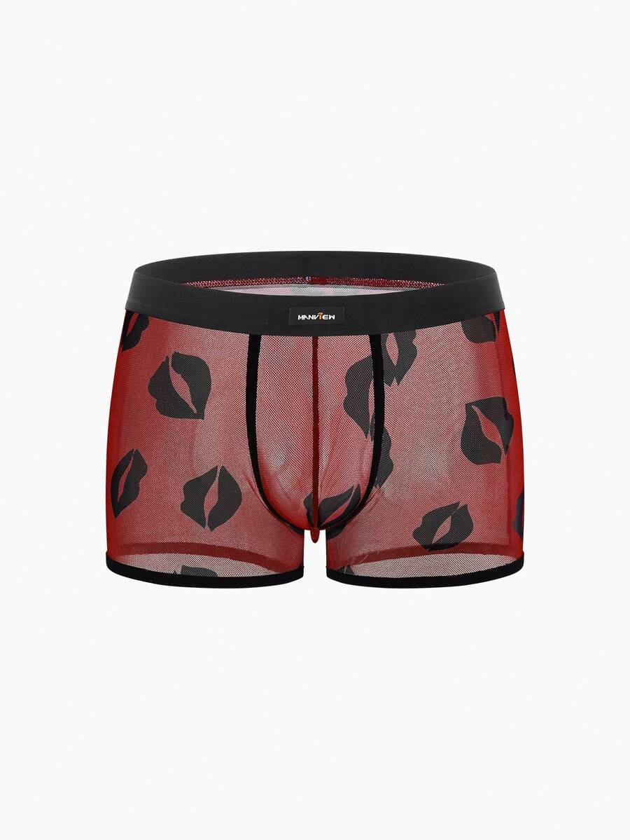 SHEIN DrisQ Men's Lip Print Mesh Sexy Lingerie Shorts - Red - View 1