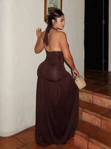 Maria Perezxox 优雅浪漫性感派对深 V 领挂脖高开叉 A 字形连衣裙 - W - 棕色 - 查看 2