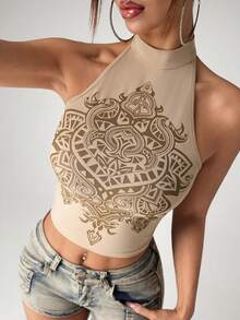 SHEIN ICON 女士时尚几何印花无袖度假背心 - 杏色 - 查看 3