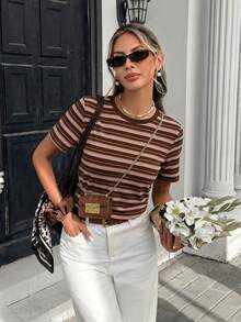 SHEIN Frenchy Áo thun nữ cổ tròn tay ngắn dáng rộng tối giản, áo thun kẻ sọc, trang phục thường ngày cho nữ. - Nhiều màu - Xem 5