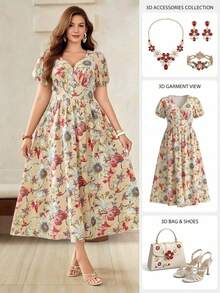 Roveilla Robe imprimée à encolure en V, taille froncée, drapée, pour grandes tailles, printemps/été - Nude - Voir 6