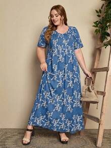 EMERY ROSE Plus Ditsy Floral Long Summer Dress With Sleeves Half Button Maxi Dress - Blue - View 1
