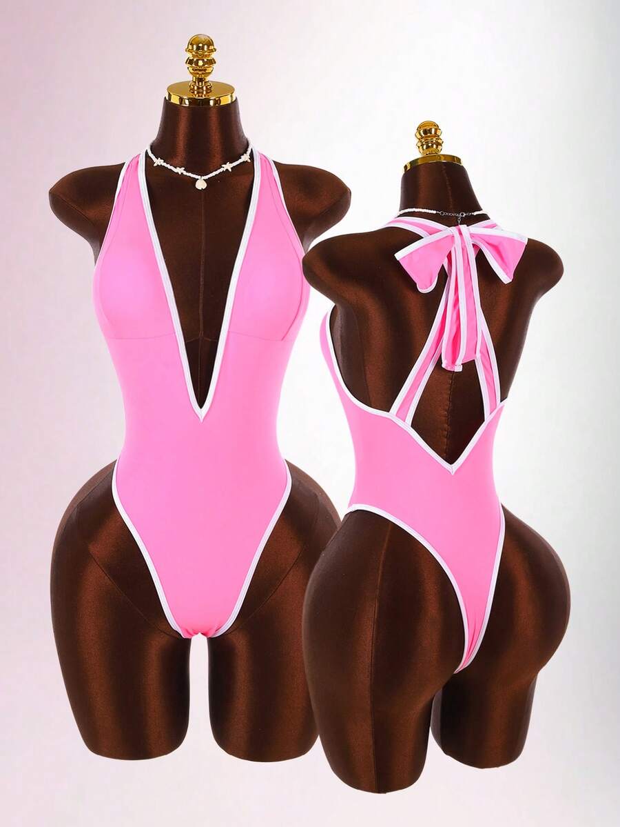 Amplova 1pc Women's Black & White Contrast Color Sexy Bodysuit, Tight-Fitting One-Piece Swimsuit With Deep V-Neck, Open Back And Bowknot, Suitable For Valentine's Day High-End Outfit