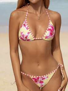 Swim Mod Set Bikini Seksi Wanita Terbaru dengan Motif Bunga, Atasan Model Halter Neck Tanpa Punggung dan Celana Pendek Renang dengan Tali Samping, Cocok untuk Liburan Pantai Musim Panas - MultiWarna - View 3