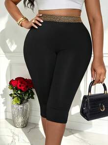 EMERY ROSE Plus Size Women's Black And Gold Printed Knit Cinched Waist Skinny Casual Leggings,Summer Classy Night Biker Short Capris Long Shorts With Stretch - Black - View 7