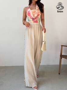 Firerie Women's Elegant Girlisim Boho Beach Golf Holiday Pants, Autumn Tropical Loose Wide Leg Pants With Shell Decor, Bamboo Texture Fabric Vacations - Apricot - View 3