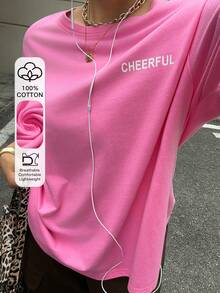 Dazy Plus Loose Fit Letter Print Round Neck Pink Short Sleeve Casual Plus Size T-Shirt, Street Style For Spring/Summer - Hot Pink - View 1