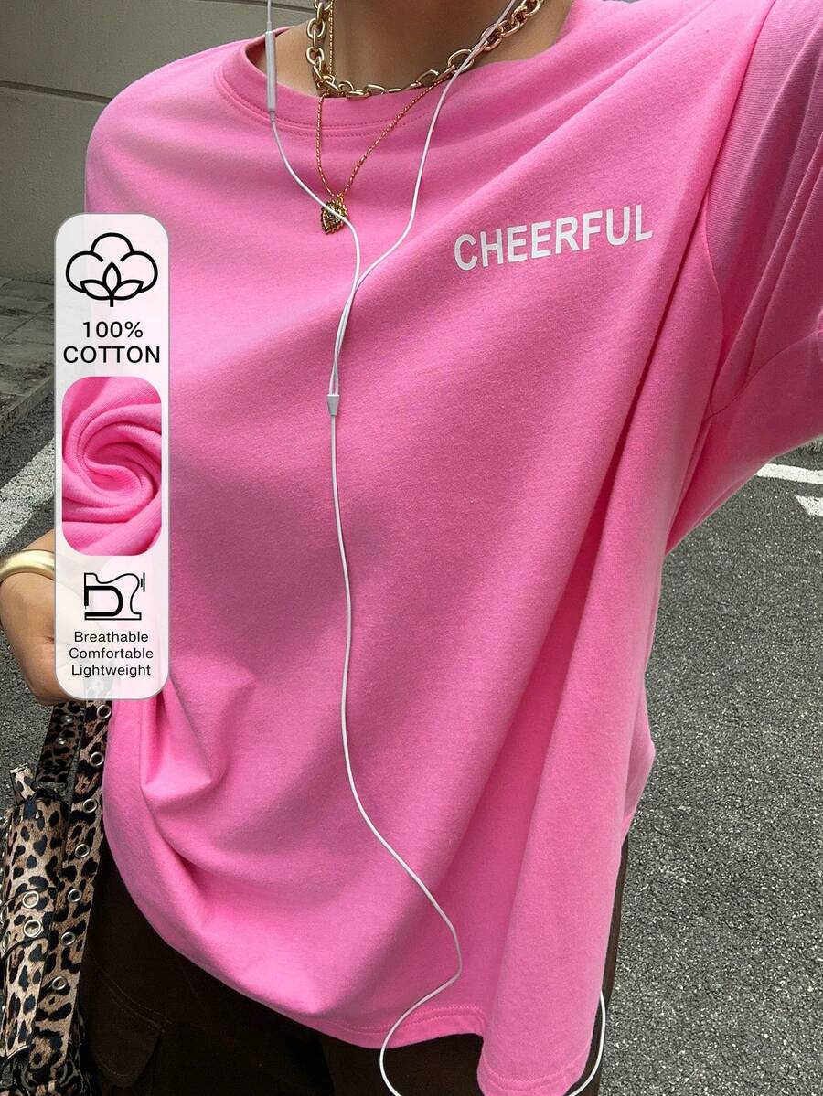 Dazy Plus Loose Fit Letter Print Round Neck Pink Short Sleeve Casual Plus Size T-Shirt, Street Style For Spring/Summer - Hot Pink - View 1
