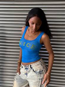 StreetHx 女士千禧年代风格街头风无袖上衣，Y2K灵感网纱透视性感修身印花背心，适合春秋季穿着 - 藍色 - 查看 3