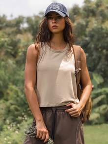 WanderVale 女士网眼拼接宽松运动背心 - 杏色 - 查看 5