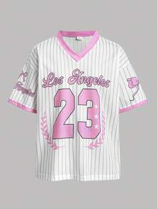 SHEIN Tween Girl Casual Daily Street Fashion V-Neck Pink Striped Numeric & Letter Print Loose T-Shirt Top - Pink - View 1