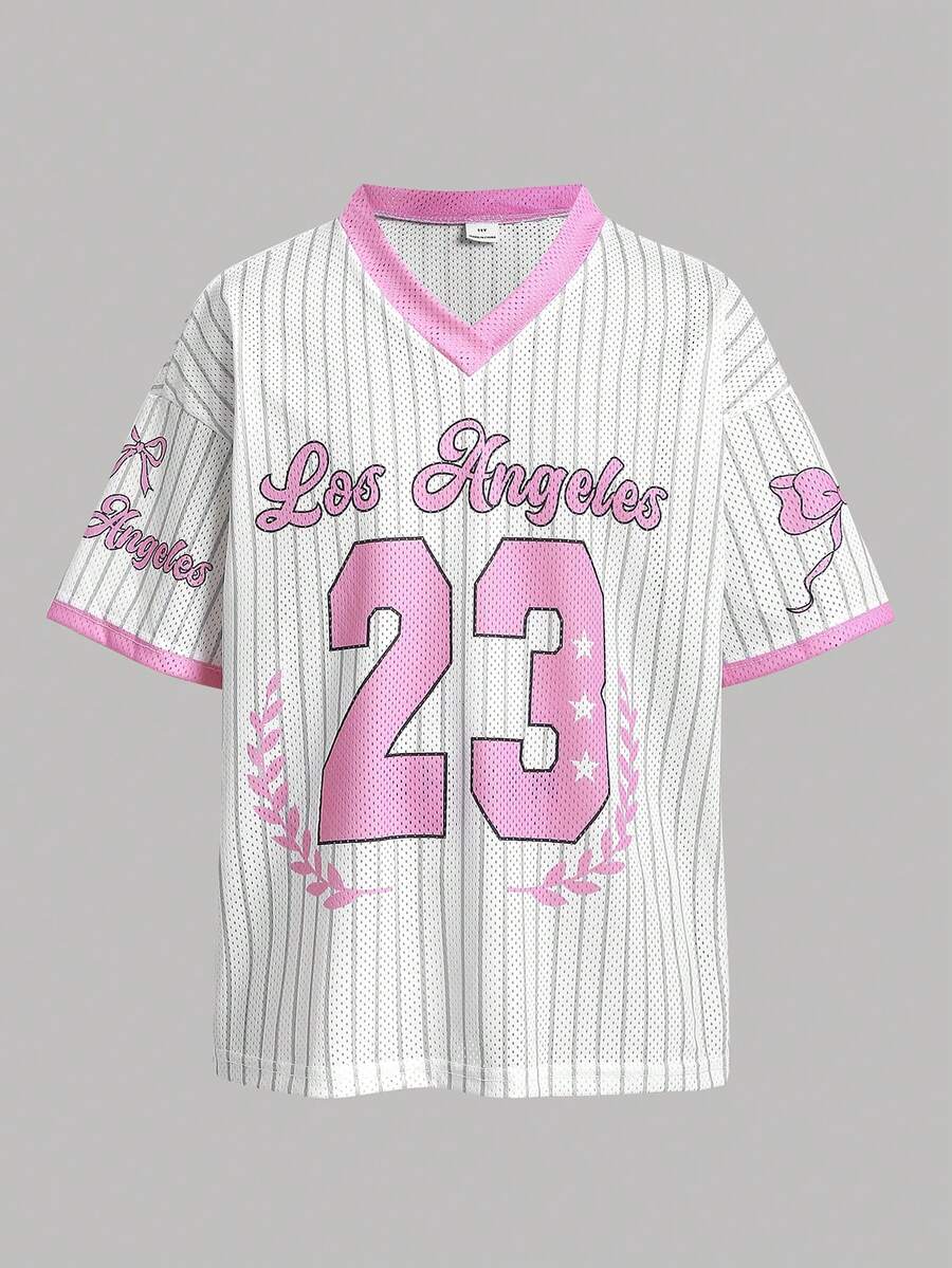 SHEIN Tween Girl Casual Daily Street Fashion V-Neck Pink Striped Numeric & Letter Print Loose T-Shirt Top - Pink - View 1