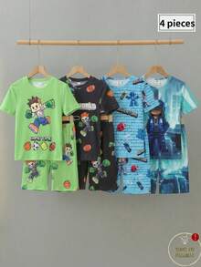 4 Stück/2 Sets Jungen Lustiger Cartoon Muster Strick Kurzarm Top und Shorts Pyjama Set, bequem, hautfreundlich, eng anliegend, geeignet für den Sommer - Verschiedenfarbig - Übersicht 5