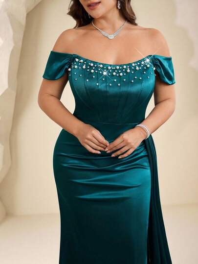 Coutiva Plus Size Women's Formal Evening Gown With Faux Pearl Decor, Pleated & Slit Design (Heavily Embellished)