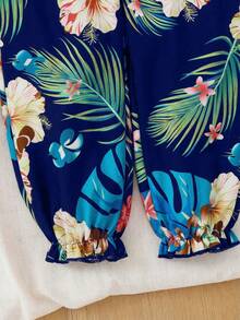 SHEIN Young Girl Vacation Casual Chiffon Ditsy Floral Jumpsuit - Navy Blue - View 5