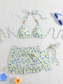 Swim SXY 3pcs Floral Print Halter Beaded Top, Tie-Front Swim Bottoms And Skirt Bikini Set - Multicolor - View 7