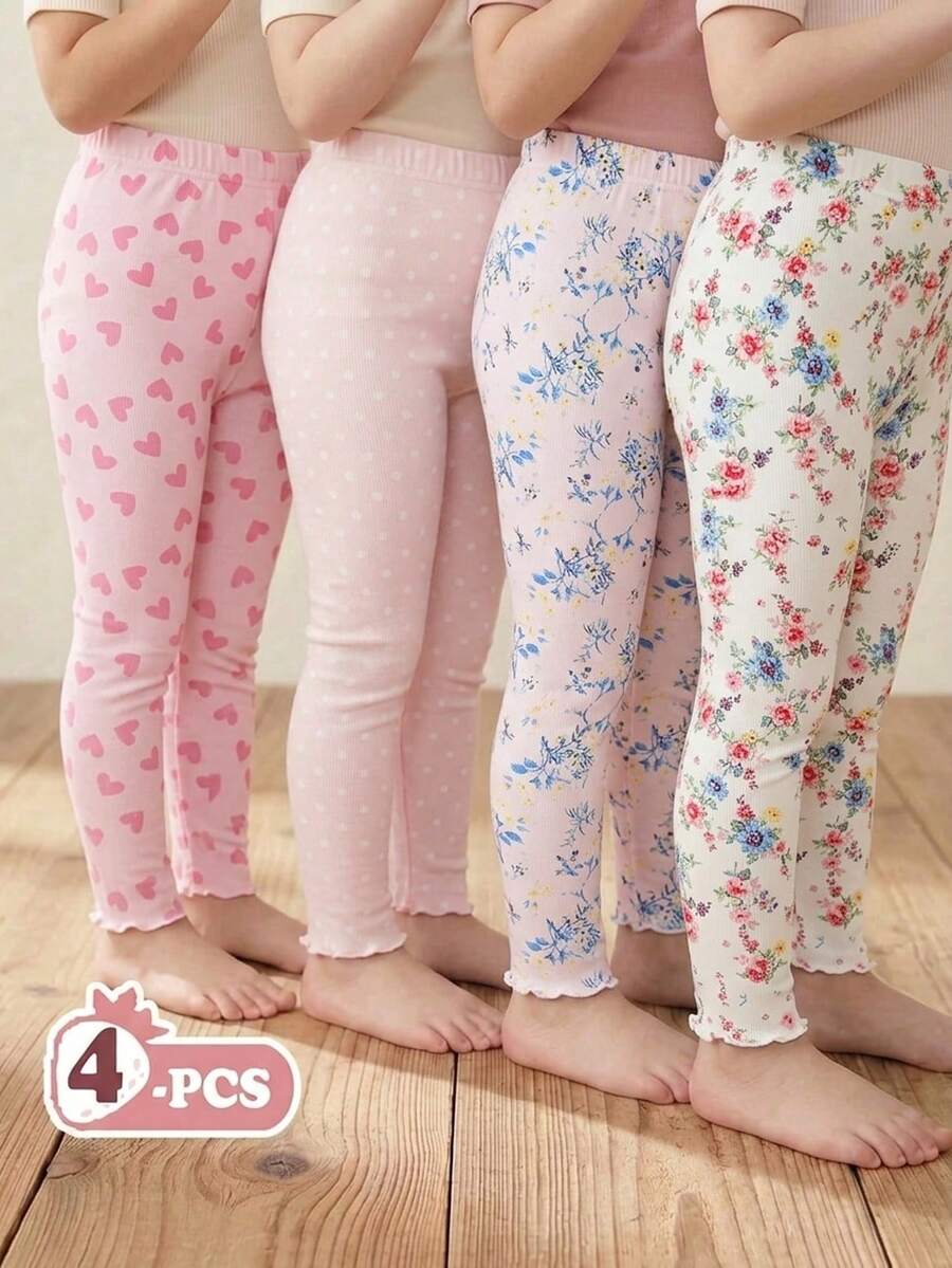 Souflis Souflis 4-Piece Toddler Girls Sweet And Cute Casual Leggings Featuring Pink, Ivory, And Light Pink Colors With Lovely Heart Patterns, Playful Polka Dot Motifs, And Floral Prints. Crafted From A Smooth Striped Ribbed Knit Fabric With Lettuce Trim, These Comfortable Tights Are Ideal For Spring Or Summer Layering And Daily Wear. - Multicolor - View 1