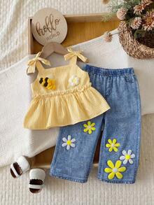 2 Pieces Baby Girl Blue And Yellow Striped,Summer,Cute,Vacation Set,Textured Tank Top & Flower Embellished Denim Straight-Leg Pants Toddler Outfits - Yellow - View 1