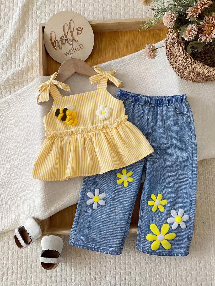 2 Pieces Baby Girl Blue And Yellow Striped,Summer,Cute,Vacation Set,Textured Tank Top & Flower Embellished Denim Straight-Leg Pants Toddler Outfits - Yellow - View 1