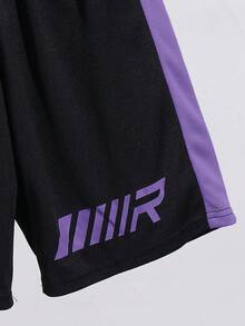 SHEIN 2pcs Tween Boy Splice Sports Textured Vertical Stripe Pattern Short Sleeve T-Shirt And Shorts Set - Purple - View 5