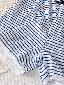2pcs/Set Tween GirlsSummer Ribbed Ruffle Trim Short Sleeve Round Neck Top + Printed Striped Shorts Casual Outfit - Royal Blue - View 6