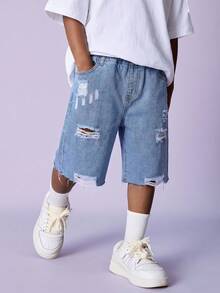 SHEIN Little Byeori 青少年男孩時尚休閒 Y2k 復古酷街頭鏤空破洞磨邊淺藍色前開孔寬鬆舒適牛仔短褲 日常穿搭 夏季至電音節慶典街頭風節慶日穿 - 藍色 - 查看 4