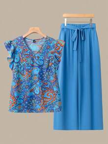 Linhara Plus Size Women's Paisley Colorful Cashew Flower Print V-Neck Ruffle Sleeve Top And Solid Color Drawstring Pants 2-Piece Set - Blue - View 1
